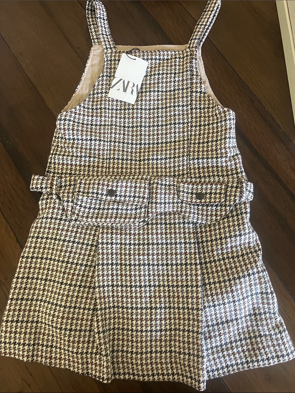 ZARA Houndstooth Pinafore in Brown and Cream